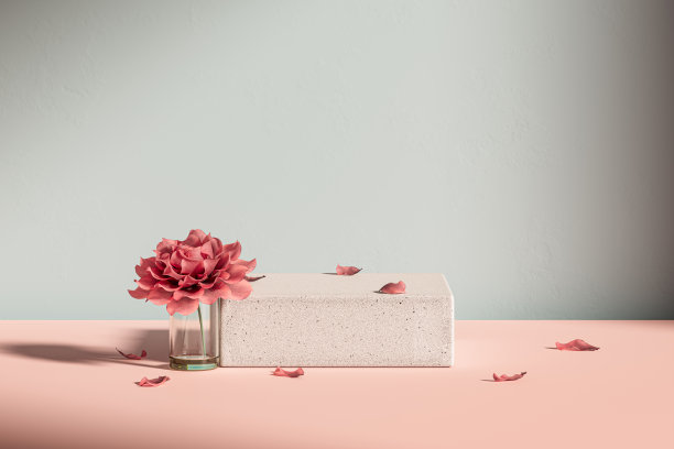 3d演示石基座与花瓶和粉红色桌面背景的花朵图片下载