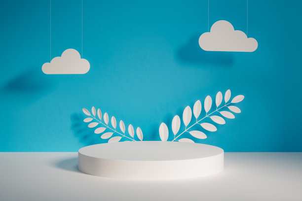 三维展示基座在纸艺术雕刻风格在蓝色背景图片下载