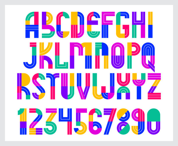 儿童彩色几何字体向量字母，儿童游戏排版，可用于原创字母、大写字母和数字标识创作。图片下载