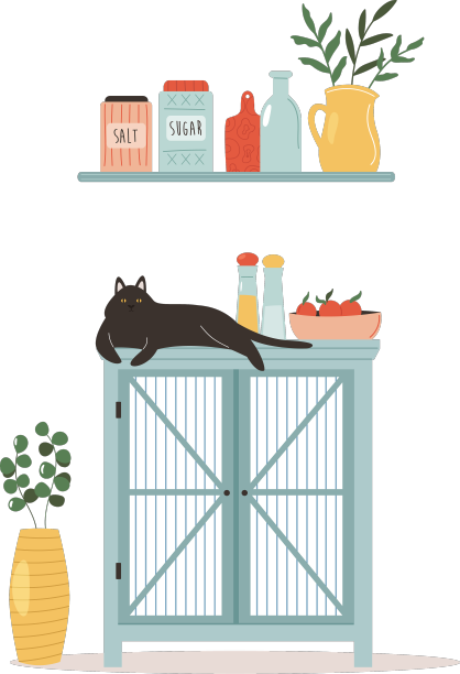 整洁的厨房，木制的橱柜上有猫图片下载