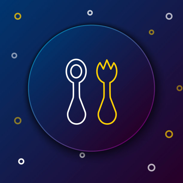 将婴儿塑料餐具与叉子和勺子图标隔离在蓝色背景上。孩子的餐具。儿童餐厅的物品。色彩斑斓的轮廓的概念。向量图片下载