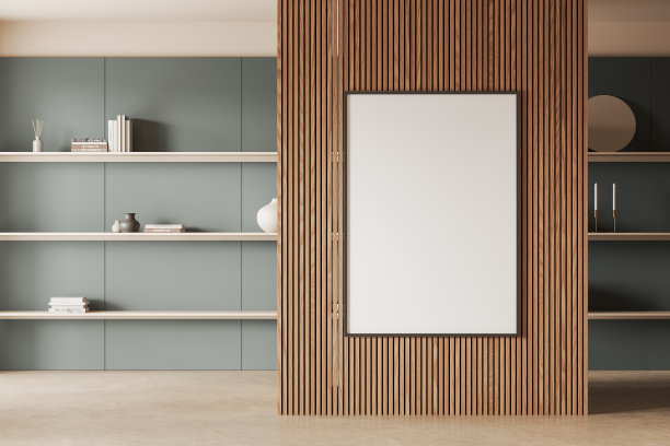 木质和绿色的客厅内部有架子和海报图片下载