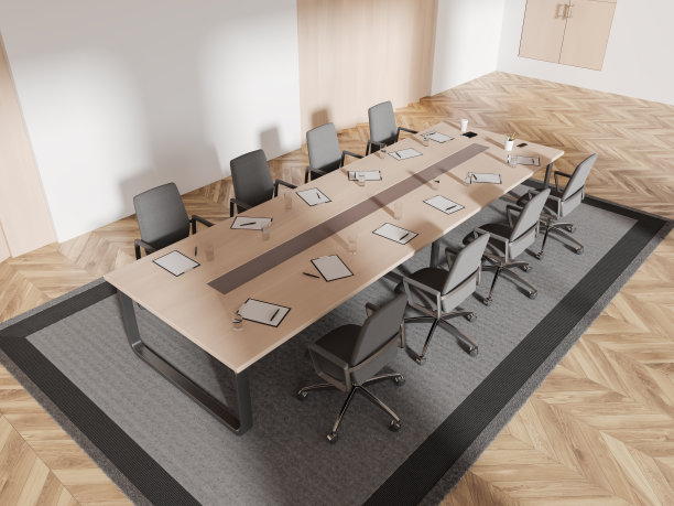 商务室内部的俯视图，配有会议桌，扶手椅和架子图片下载