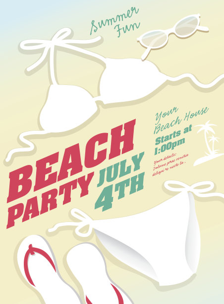 白色比基尼海滩派对邀请模板设计图片下载