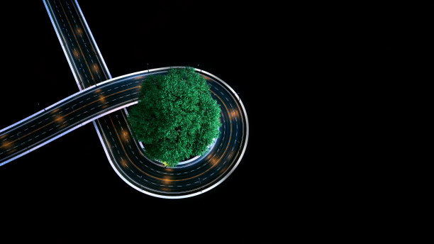 里面有灯和树的抽象道路。空白背景- 3D插图图片下载