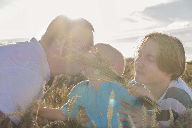 一家人，爸爸，一个少年和一个小孩无忧无虑地走在麦田里。是时候收获了。世界粮食危机。图片下载