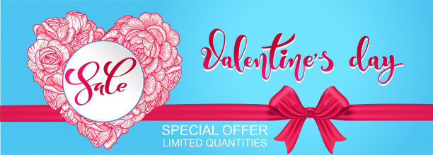 情人节销售背景。玫瑰花手绘心。用红色的礼物蝴蝶结。矢量插图的营销和宣传材料。图片下载