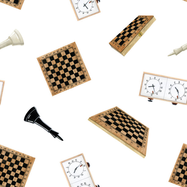 象棋游戏水彩无缝图案与黑白国王，棋盘和时钟的纺织，面料，包装纸，比赛手册和俱乐部设计图片下载