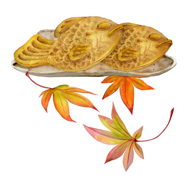 手绘水彩画的日本传统糖果。陶瓷菜，太烧，秋天的枫叶。孤立在白色背景上。设计邀请，餐厅菜单，贺卡，印刷，纺织品图片下载