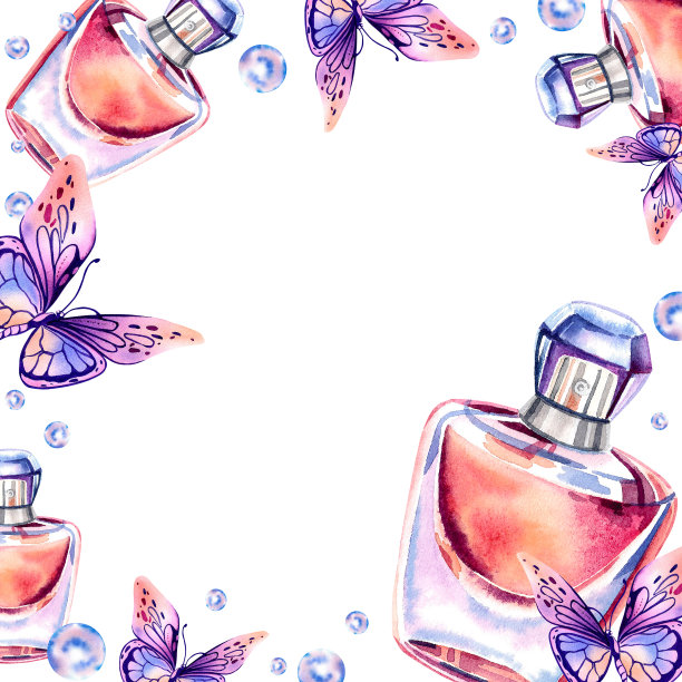 一框橙色香水，大闪蝶和珍珠珠。水彩插图在一个孤立的背景。横幅。美丽和时尚。图片下载