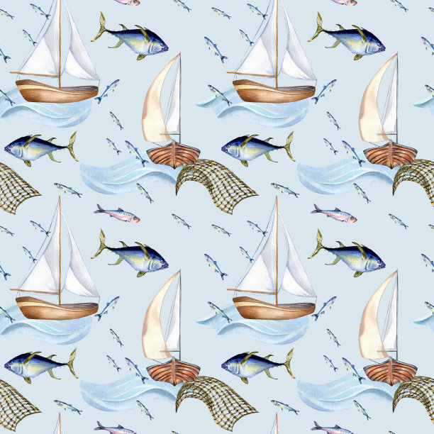 无缝图案的海鱼和帆船水彩插图孤立的蓝色。渔船，海浪和金枪鱼，手绘。用于纺织品、包装、包装、背景、市场的设计元素图片下载