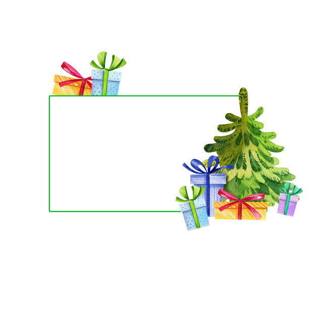 圣诞主题的水彩框架与圣诞树和礼物，冬季插图，文字空间，手绘素描孤立在白色背景上图片下载