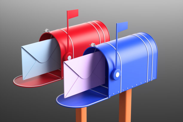两个邮箱，里面有一个黑色背景的信封。三维渲染图图片下载