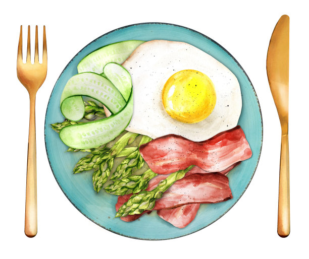 早餐。煎蛋、芦笋、熏肉和黄瓜。水彩插图图片下载
