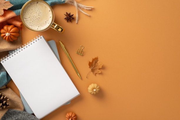 让秋天的气息包围你:咖啡杯，笔记本，舒适的毯子，精致的南瓜，金色的枫叶，松果，橙色表面的八角。文字或广告的空白空间图片下载