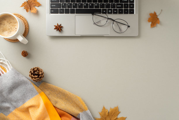 描绘远程工作的概念，顶部视图捕捉到一台笔记本电脑，伴随着毯子、松果、八角、眼镜和热巧克力，在孤立的灰色背景上，它提供了copyspace图片下载