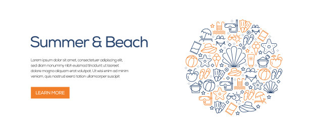 夏季和海滩横幅模板与线图标。现代矢量插图广告，标题，网站。图片下载