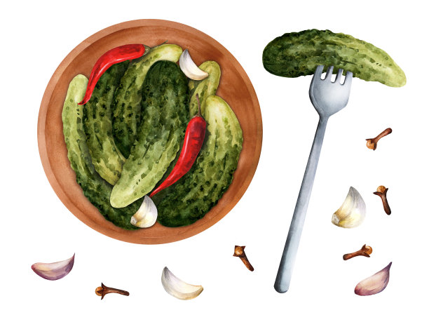 一盘自制的腌黄瓜。水彩插图图片下载