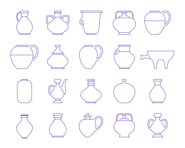 矢量插图与碗的各种形状。设置陶瓷锅图标在线性风格图片下载