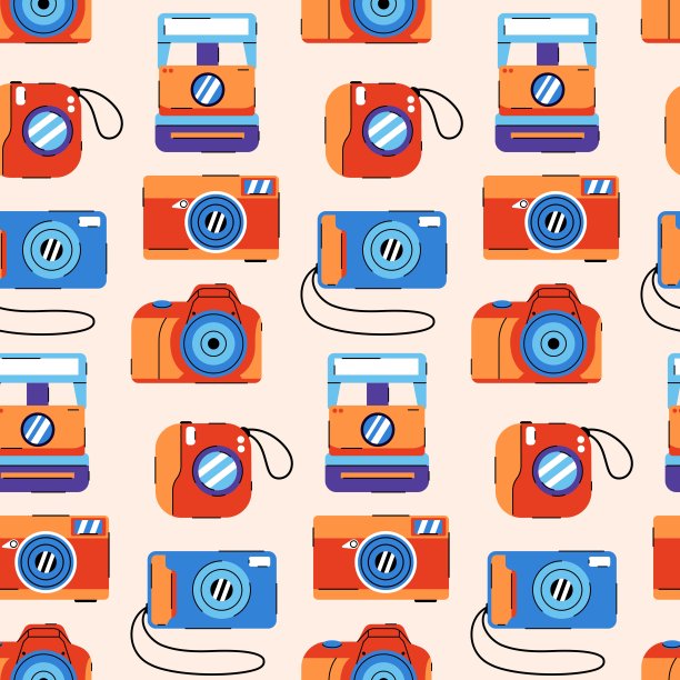无缝图案与不同的相机在浅色背景。背景，壁纸，包装，纺织品模板图片下载