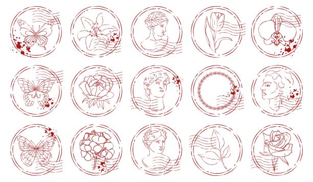 一套垃圾邮政橡胶邮票和贴纸与花，蝴蝶和人孤立的白色背景。图片下载