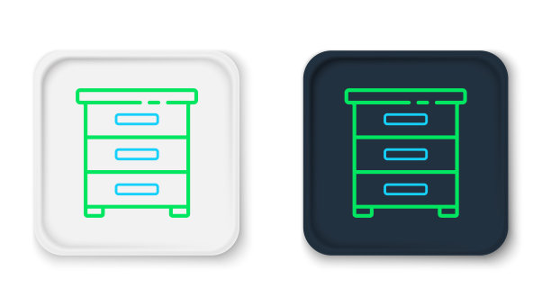 线条抽屉与文档图标隔离在白色背景。档案文件抽屉。文件柜抽屉。办公家具。色彩缤纷的轮廓概念。向量图片下载