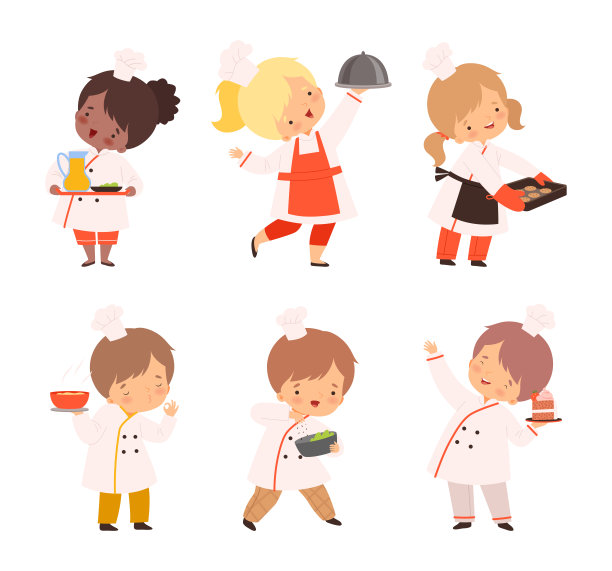 小男孩和女孩厨师在白色的托克帽和夹克持有托盘开胃菜矢量集图片下载