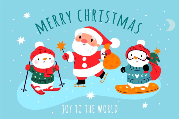 圣诞老人和雪人帮手海报。新年假期。可爱的圣诞人物在滑雪板上送礼物。冬季运动。溜冰鞋或滑雪板。圣诞横幅设计。格里什矢量概念图片下载