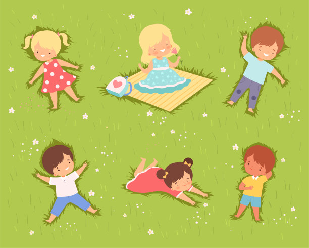 快乐的孩子躺在绿色的草坪和微笑矢量集图片下载