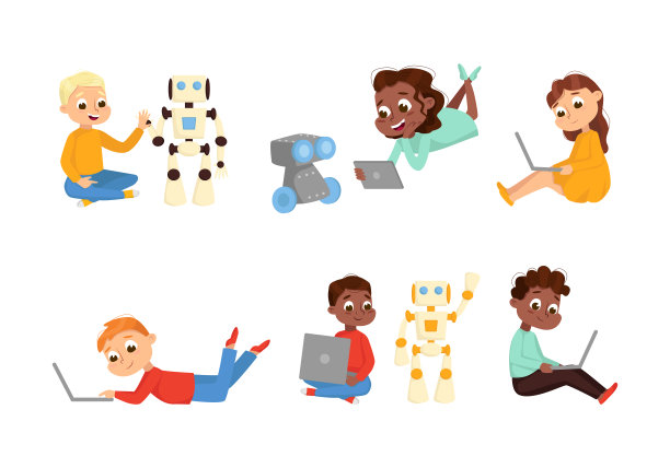 可爱的小孩编程和创建智能机器人与笔记本电脑矢量集图片下载