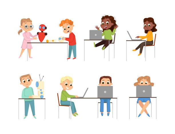 可爱的小孩编程和创建智能机器人与笔记本电脑矢量集图片下载