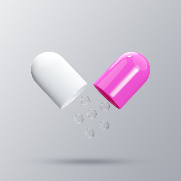 打开的胶囊3D渲染图。打开的胶囊药丸，药物从里面漏出来。图片下载