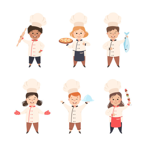 儿童厨师在白色的托克和制服享受烹饪和烹饪矢量集图片下载
