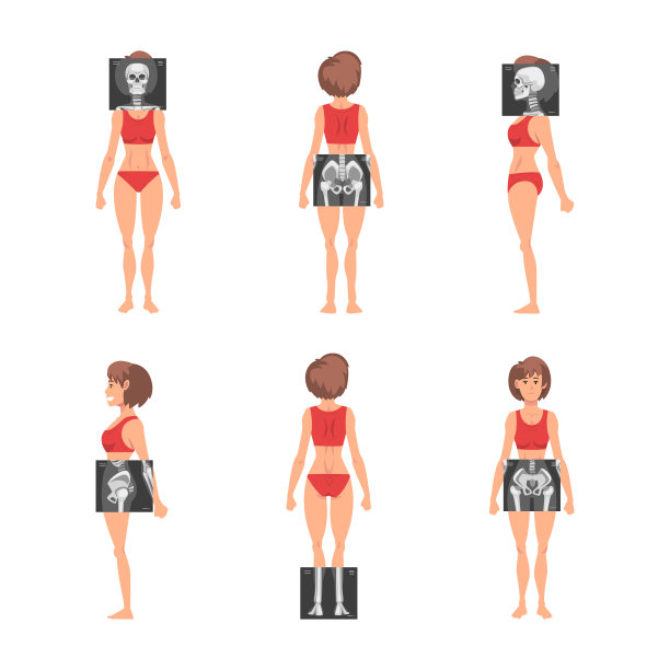 年轻女子站在内衣与她的骨骼x射线矢量集图片下载