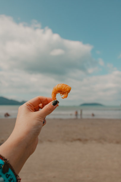 在沙滩上抱着一只虾图片下载