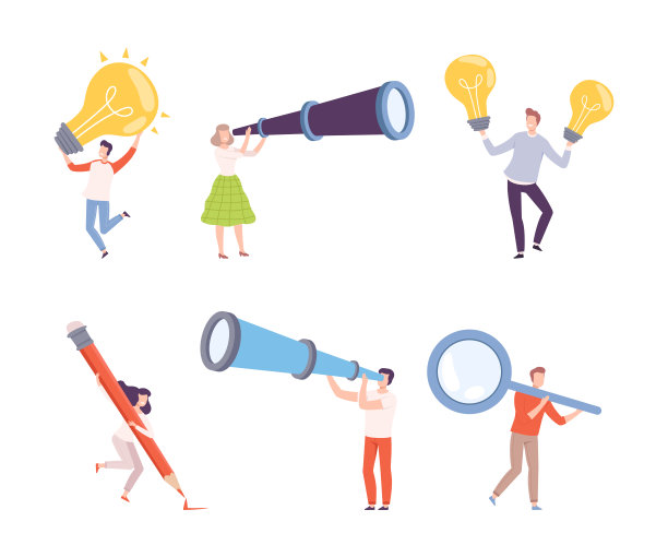 男人和女人的性格持有大灯泡，望远镜和放大镜矢量插图集图片下载