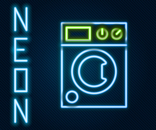 发光的霓虹线洗衣机图标孤立的黑色背景。洗衣机图标。洗衣机——洗衣机。家电符号。色彩缤纷的轮廓概念。向量图片下载