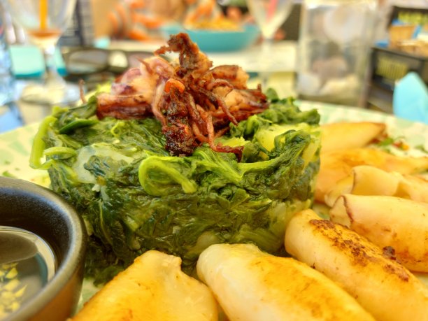 海鲜盘子，鱿鱼，菠菜和柠檬，侧面照片近距离。夏天午饭。图片下载