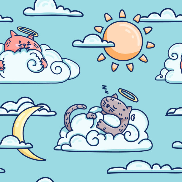 可爱的图案与毛茸茸的天使猫在云。儿童房无缝花纹。天空中的小猫插图用于纺织品。向量图片下载