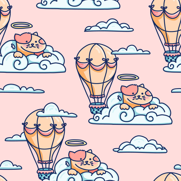 可爱的图案与毛茸茸的天使猫在云。儿童房无缝花纹。Kitty与空中气球的插图，用于纺织品。卡通风格。向量图片下载