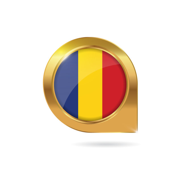 罗马尼亚国旗位置地图图钉，带金色边框图片下载