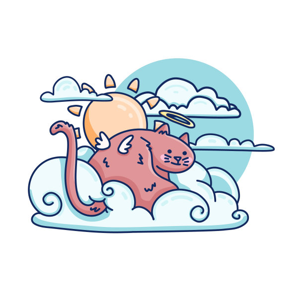 可爱的插图与毛茸茸的天使猫在云上。打印儿童房。天空中的小猫插图用于纺织品。向量图片下载