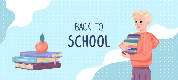 返校横幅设计。书和女学生。平面图形矢量插图上的蓝色背景图片下载