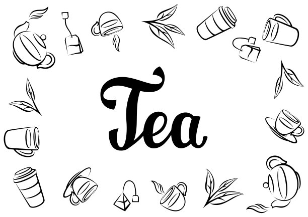 茶的背景。插图与茶和配件，包和水壶。图片下载