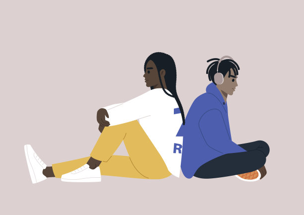 一对深思熟虑的角色背靠背地坐在一起，朋友或伴侣闲逛图片下载