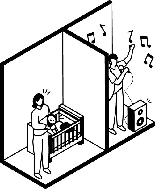 吵闹的邻居矢量图标设计，邻居冲突股票插图，坏邻居符号，音乐爱好者的邻居，其噪音是保持婴儿清醒等距概念图片下载