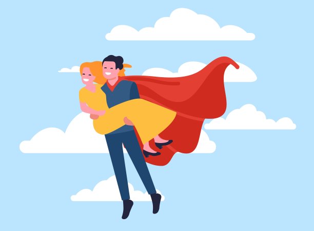 超人拯救女人。强大的男人抱着女人。勇敢的英雄和女士一起飞行。保护和营救女孩。穿着红色斗篷的超级英雄。漫画人物。向量的概念图片下载