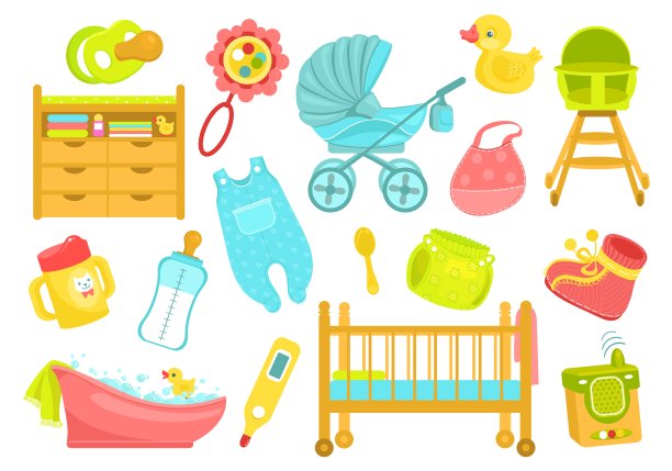 卡通婴儿用品。新生的配件。儿童护理产品。幼稚的喂养。带马桶的婴儿床。幼儿床。沐浴用品。玩具鸭子和拨浪鼓。锦绣向量集图片下载