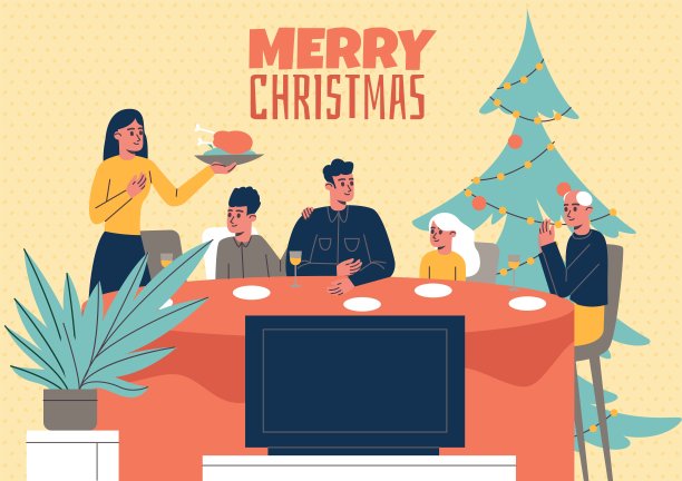 人们在圣诞晚餐。圣诞聚会。一家人在节日餐桌边看电视。父母和孩子聚会。新年等待。冬季庆典。12月的传统。向量的概念图片下载