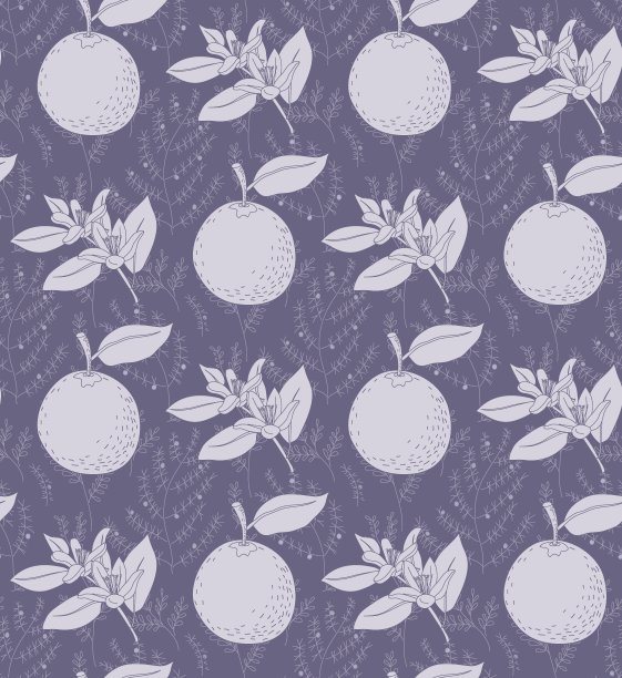 无缝模式的橙色水果和开花植物纹理的背景在紫罗兰色调图片下载